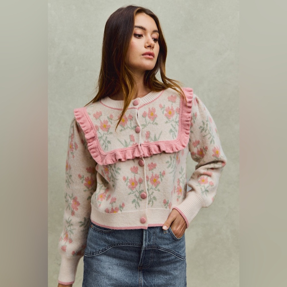 Floral Knit Cardigan with Pink Ruffle